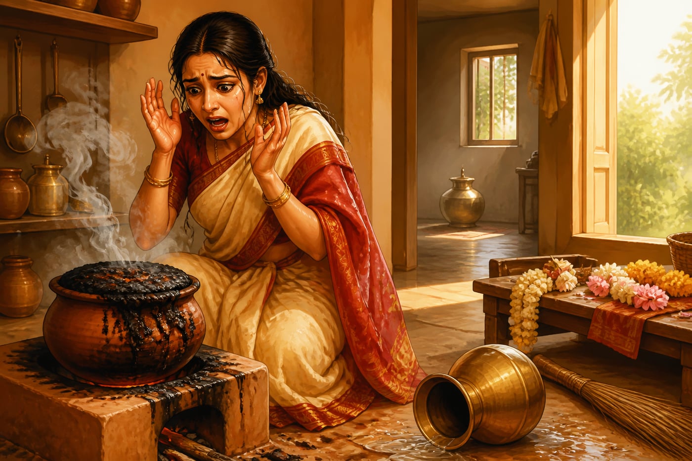 The hasty Brahmin wife with burnt payasam and half-finished tasks