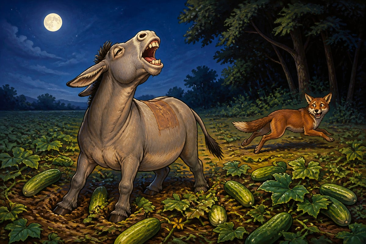 Uddhataka the donkey braying in the cucumber field as the jackal flees