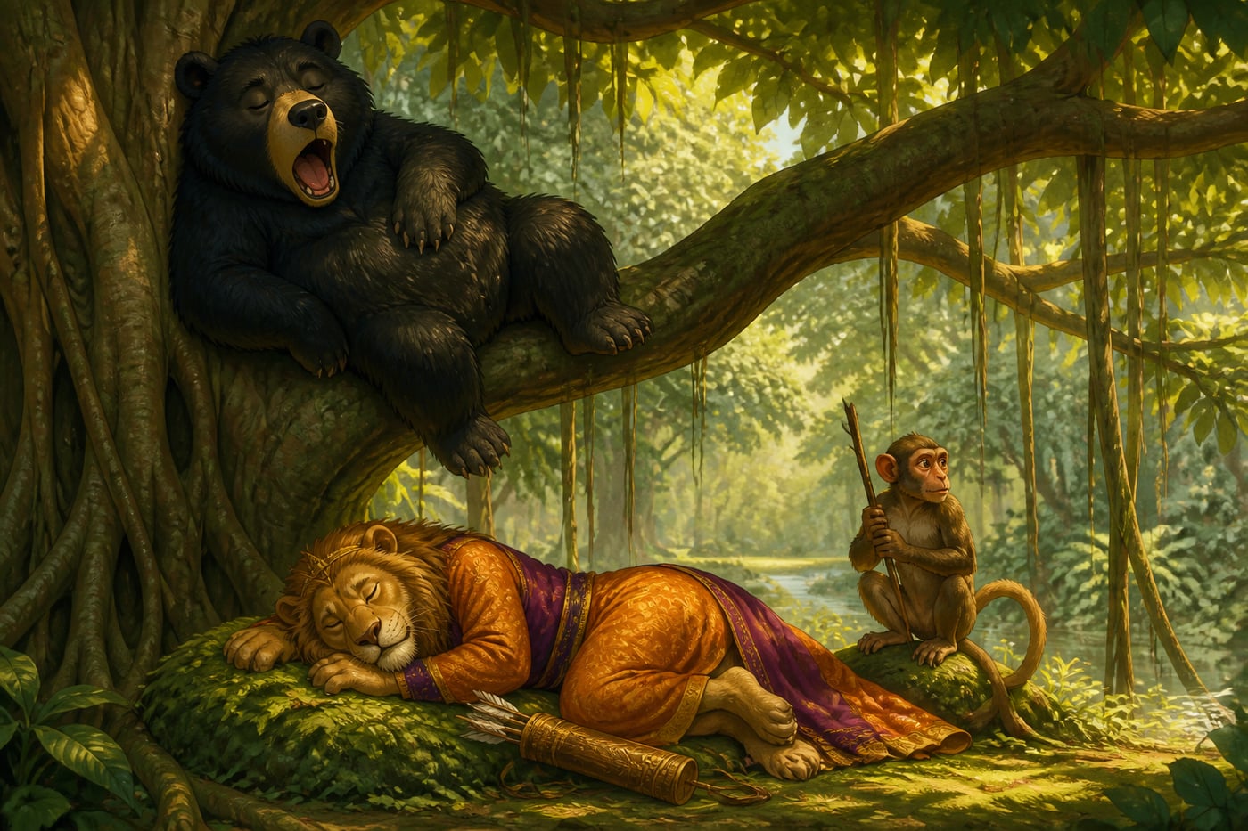 Ghritaksha the bear yawning sleepily as the foolish monkey takes the watch
