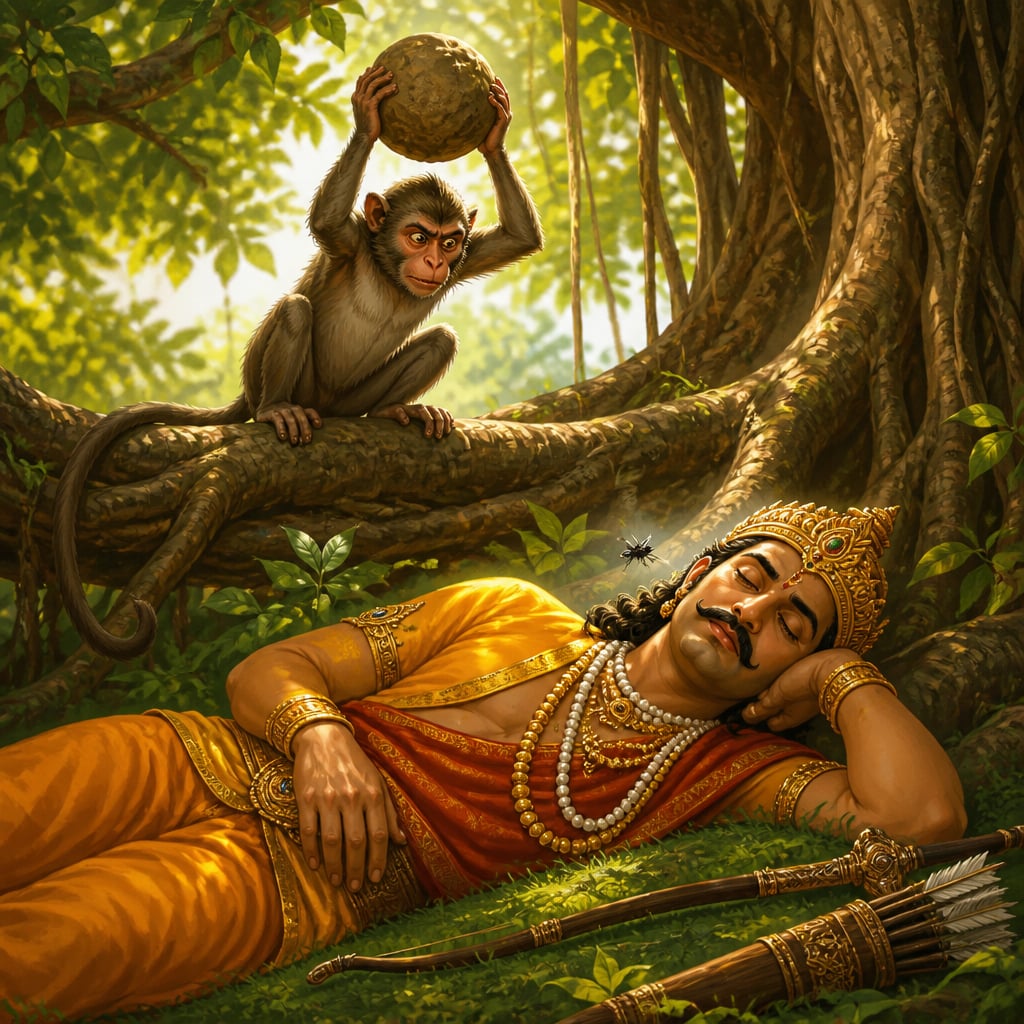 Chanchalapani the foolish monkey perches on a banyan root above the sleeping King Surabhi, raising a heavy round river stone high in both hands to strike a fly on the king's face.