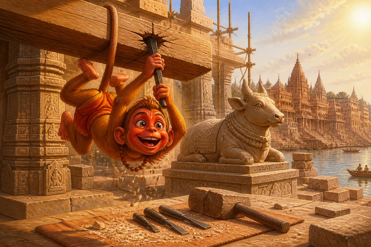 Young Raktamukha pulling the iron wedge from a temple log in Varanasi