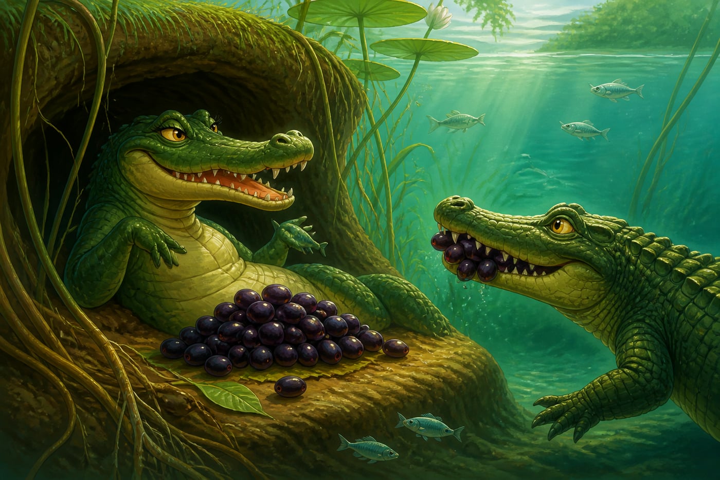 The crocodile's wife scheming at the riverside, demanding the monkey's heart