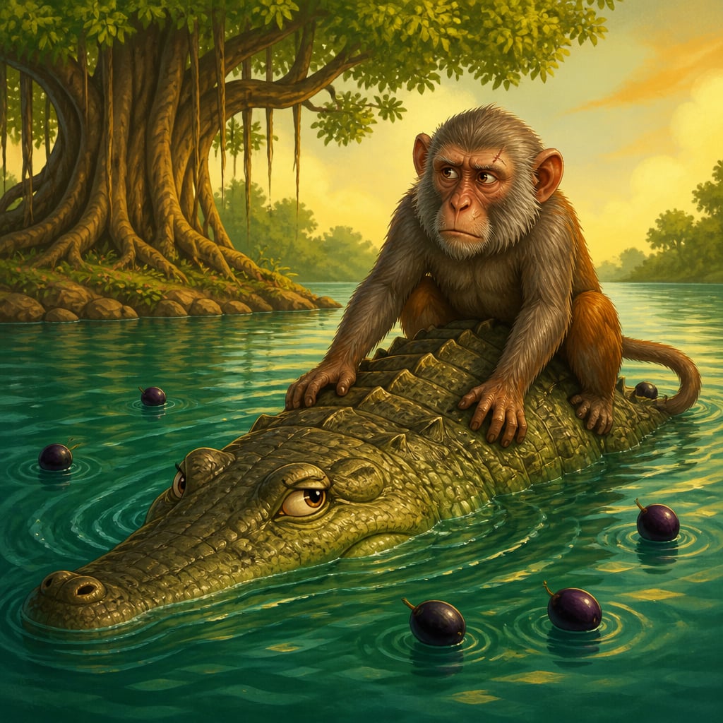 Raktamukha the older monkey rides cautiously on the broad back of Karalakesara the crocodile midway across a wide slow river as the crocodile begins to dip beneath the surface.
