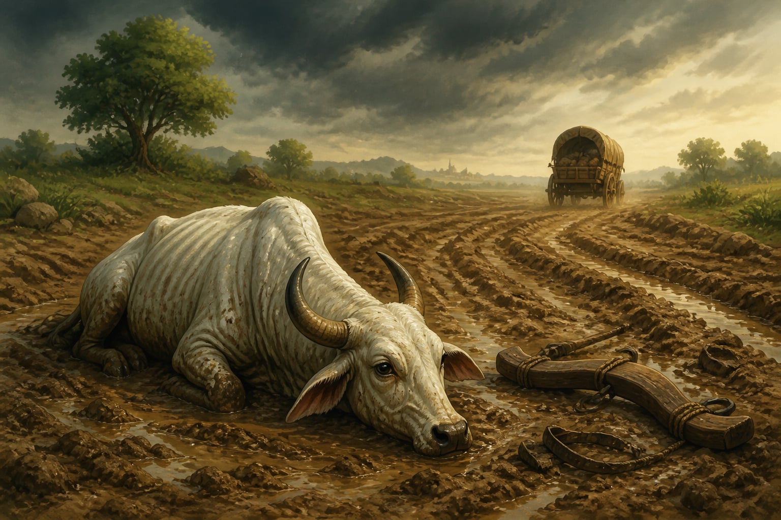 Sanjivaka abandoned in the mud as the caravan recedes