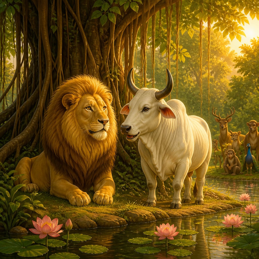 Pingalaka the lion king and Sanjivaka the white bull resting side by side beside a lotus pond in golden afternoon light