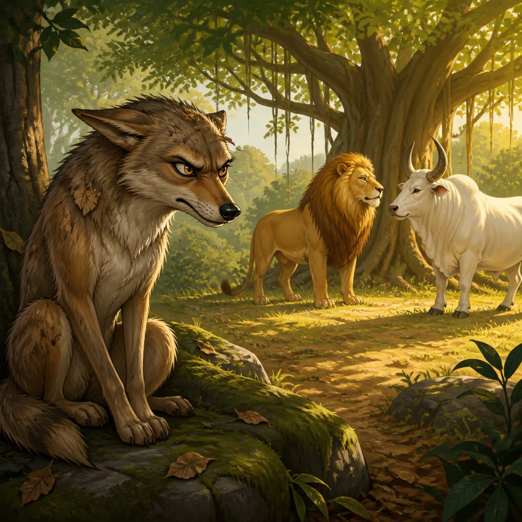 Damanaka the jackal sitting alone on a mossy stone watching the lion and bull converse in the distance