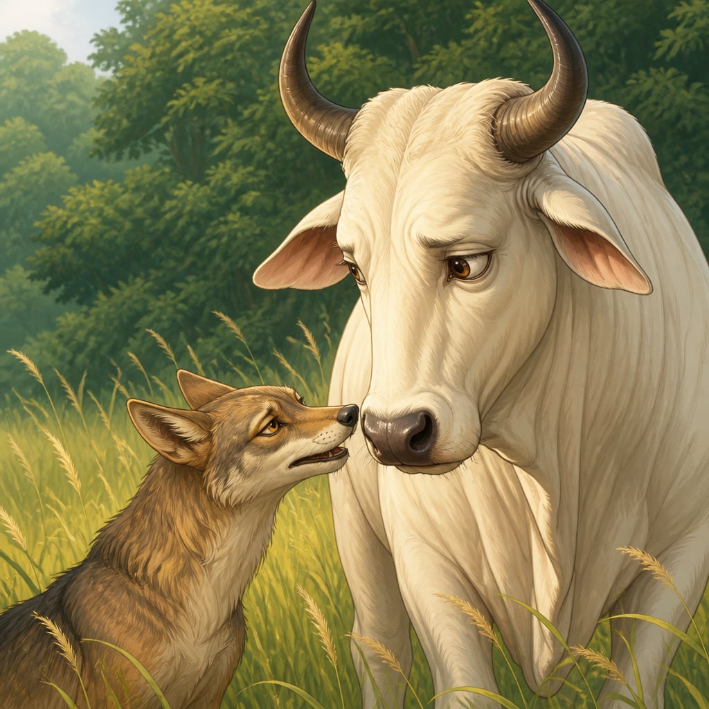 Damanaka the jackal speaking softly to Sanjivaka the white bull in a sunlit meadow as doubt enters the bull's eyes