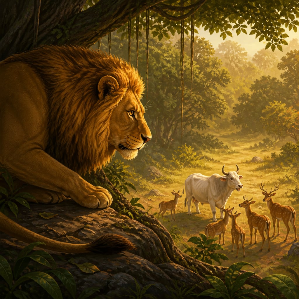 Pingalaka the lion crouched at the edge of his banyan court watching Sanjivaka below with cold suspicion