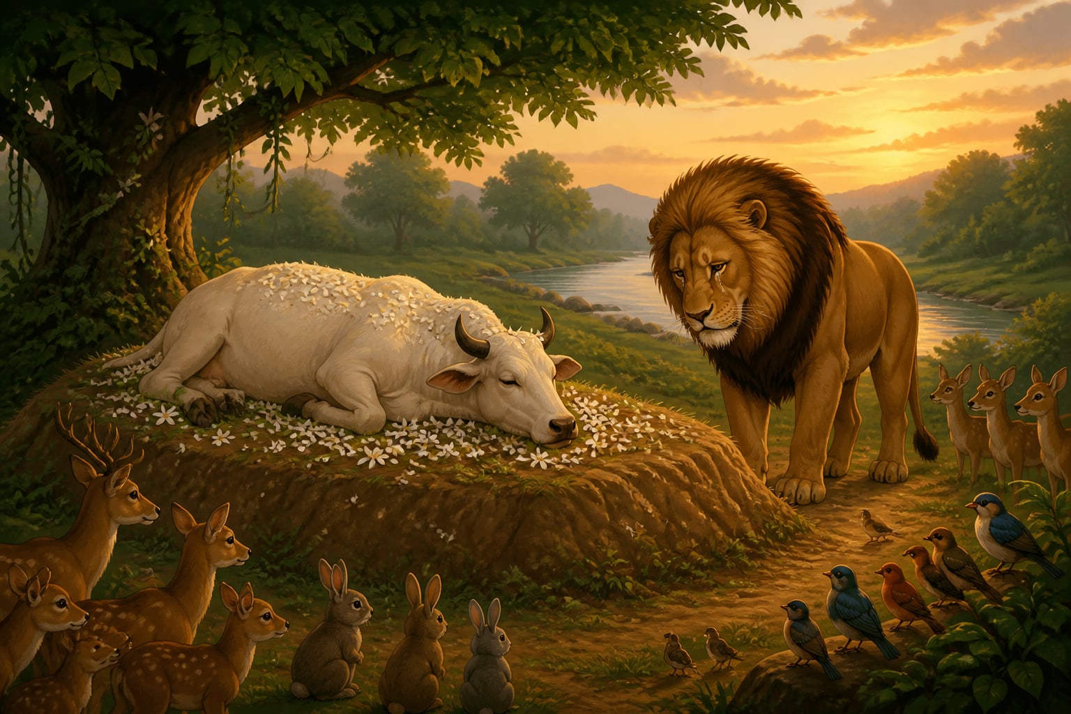 The forest gathers to bury Sanjivaka in the meadow he loved