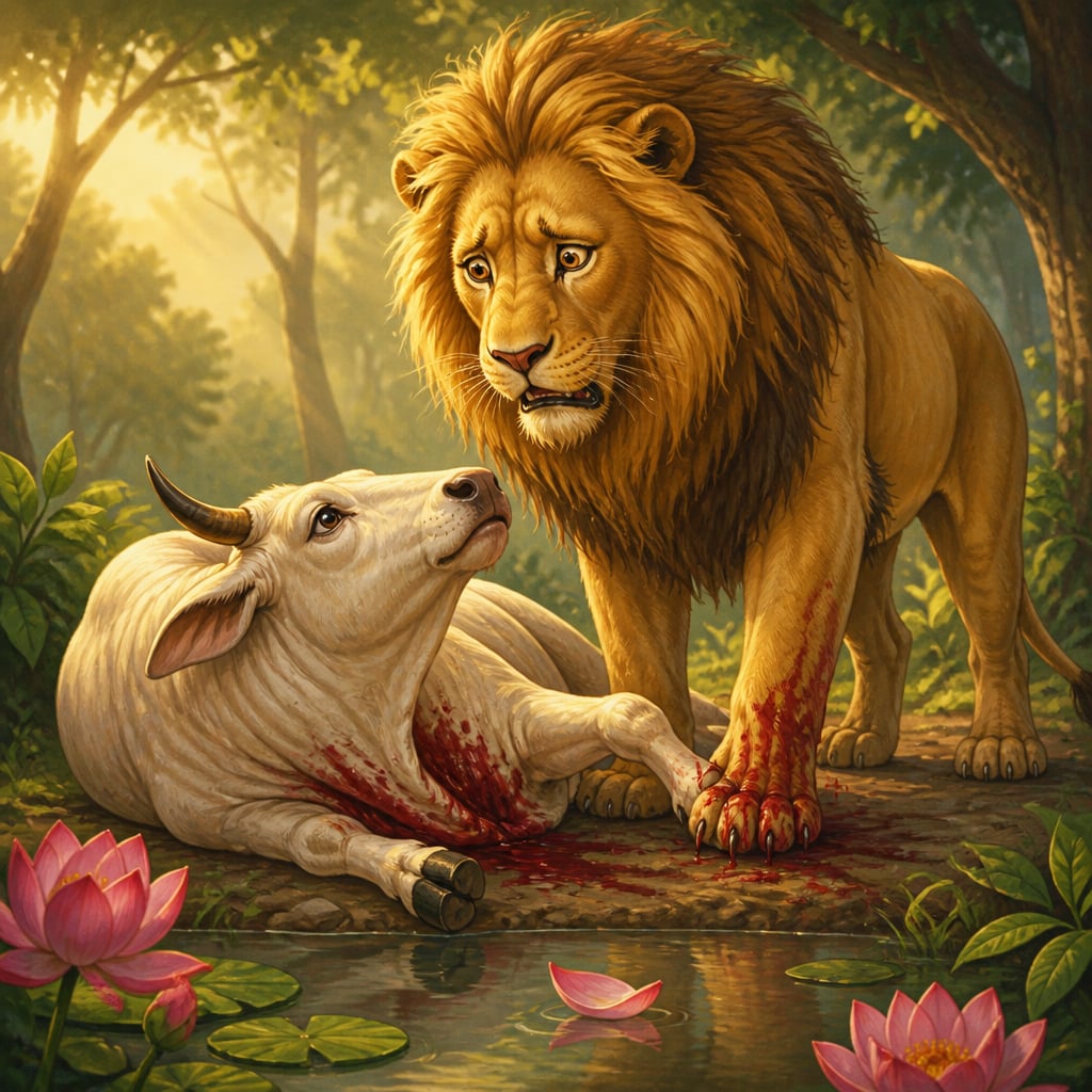 Pingalaka the lion standing stricken over the fallen body of Sanjivaka the white bull beside a lotus pond at dawn