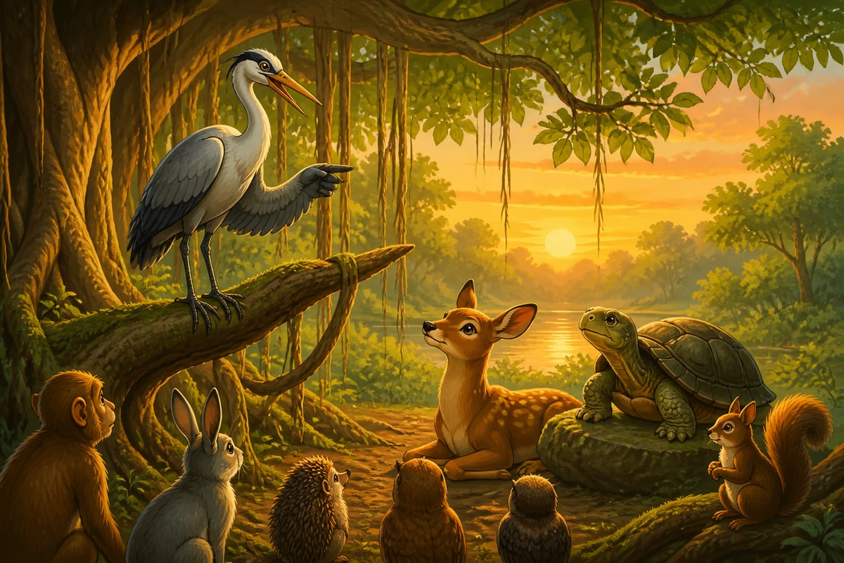 Chirasena the crane teaching the assembled animals at dusk