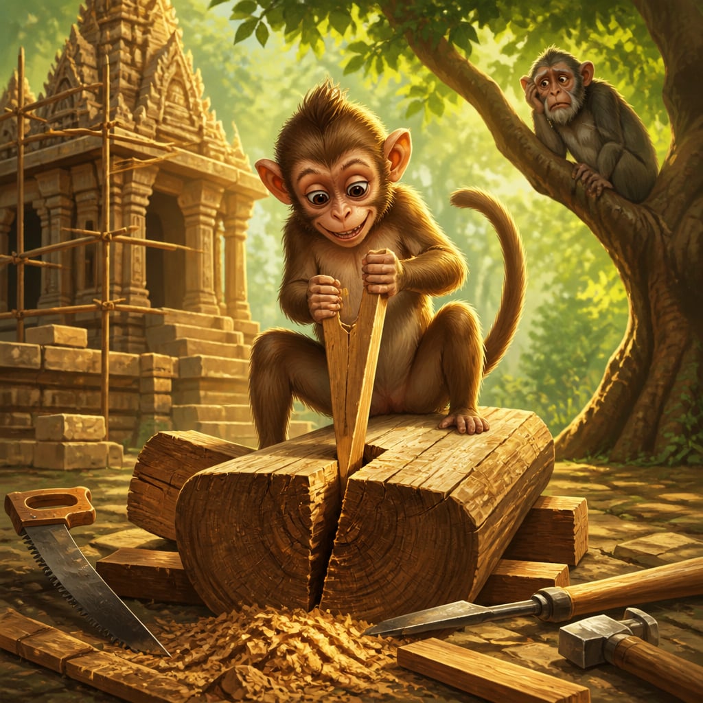 Chanchala the monkey pulling the wedge from the half-split log at the temple construction site