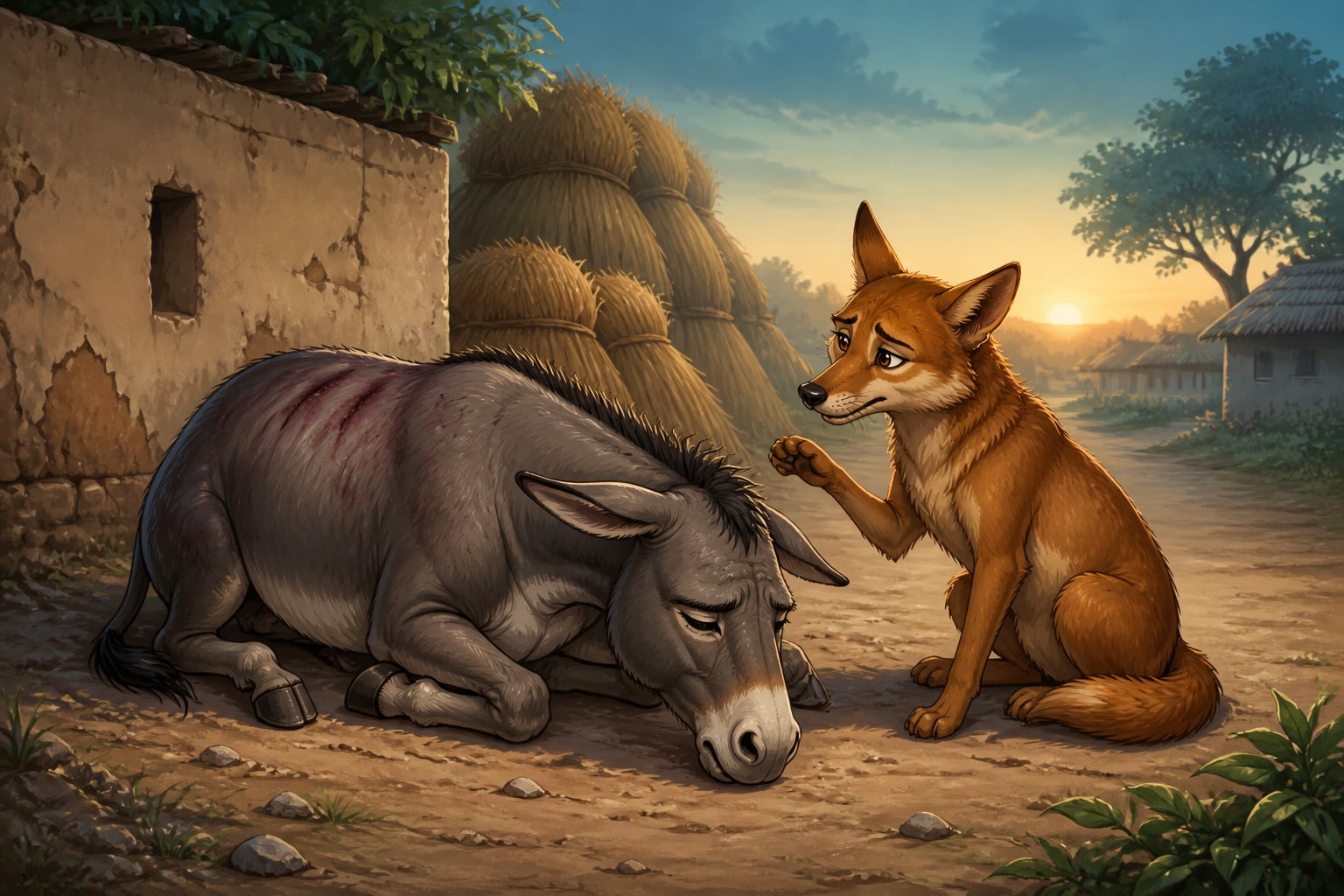Chapalaka the jackal beside the wounded donkey at dawn