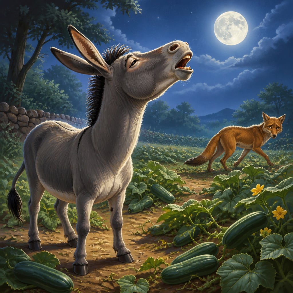 Uddhataka the donkey braying at the full moon in a cucumber field as Chapalaka the jackal slips away