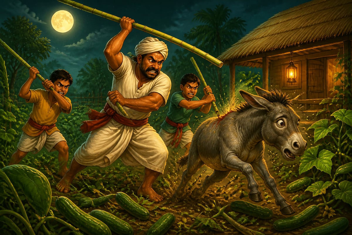 The cucumber farmer and his sons beat the donkey