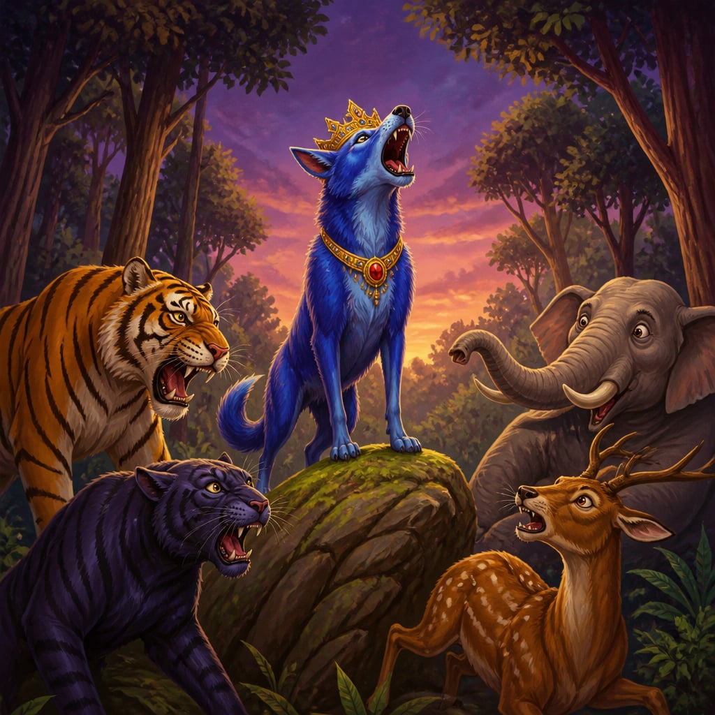 Chandarava the indigo-dyed blue jackal mid-howl on a rock as forest animals recoil in shock