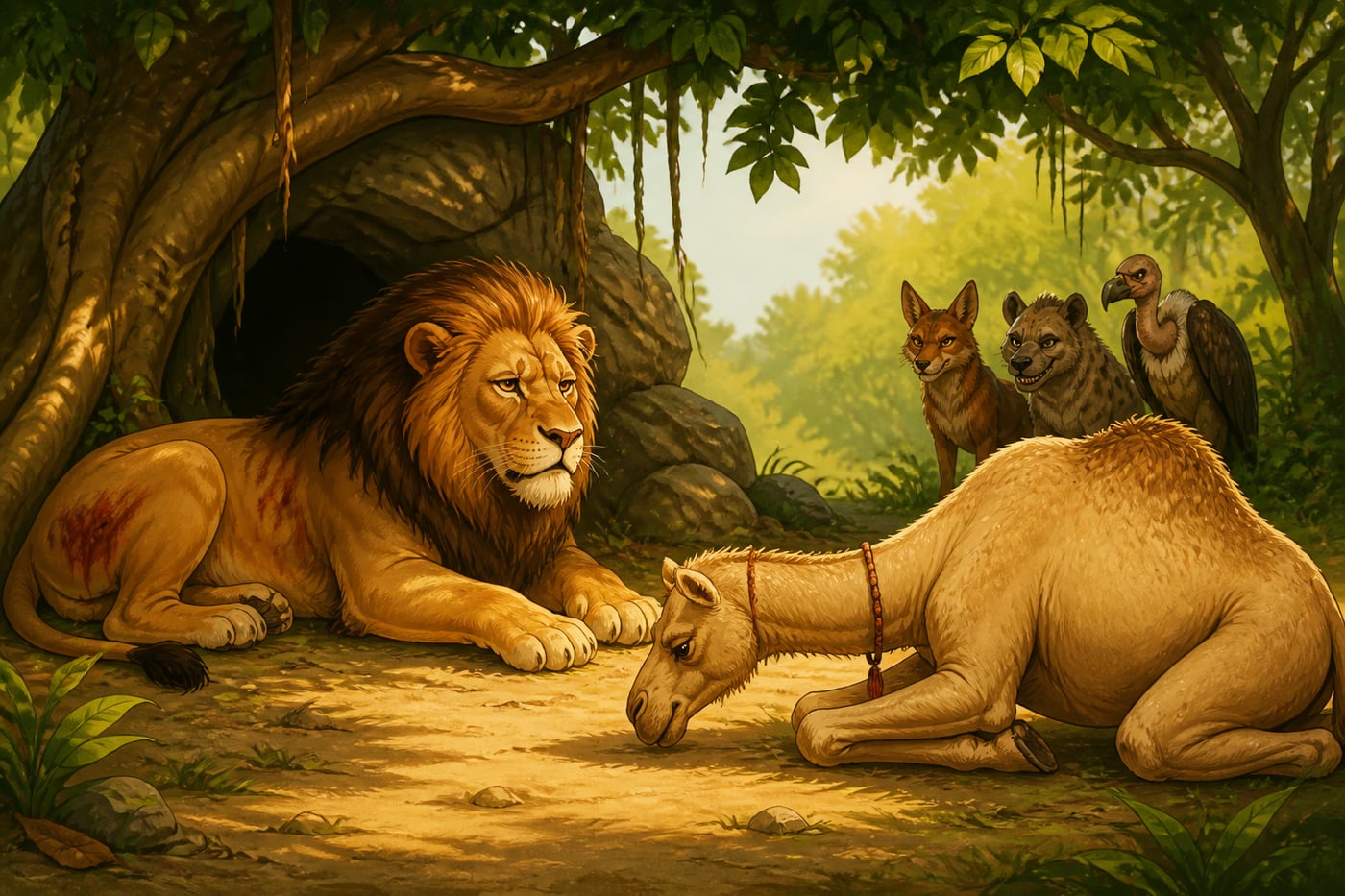 Kanthaka kneels before the wounded lion in offering