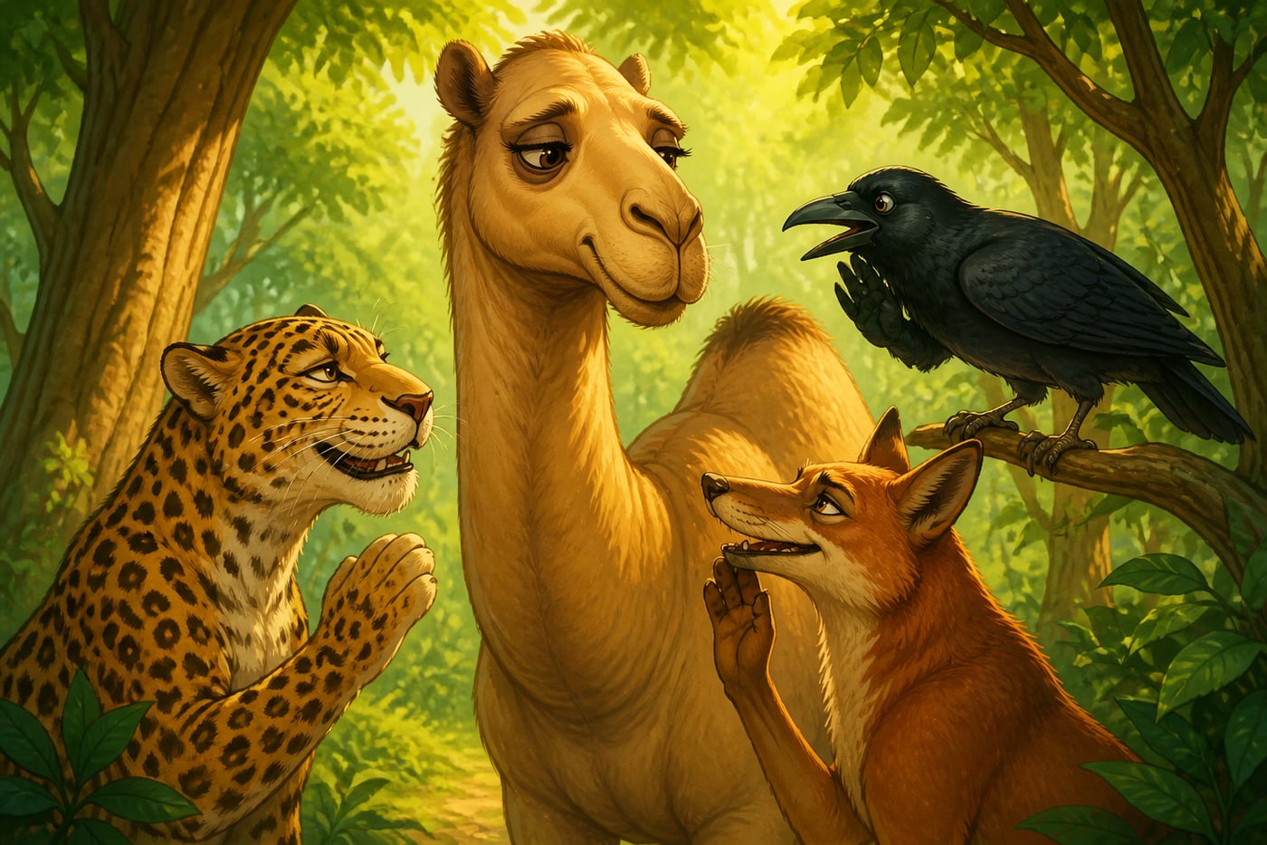 Three false friends surround the trusting camel