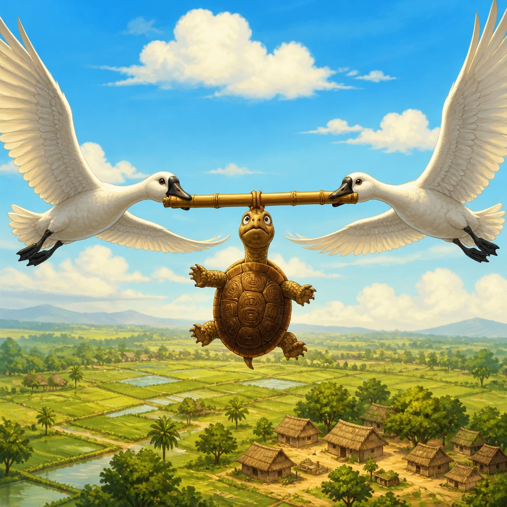 The two geese Sankata and Vikata flying high carrying Kambugriva the tortoise dangling from a stick
