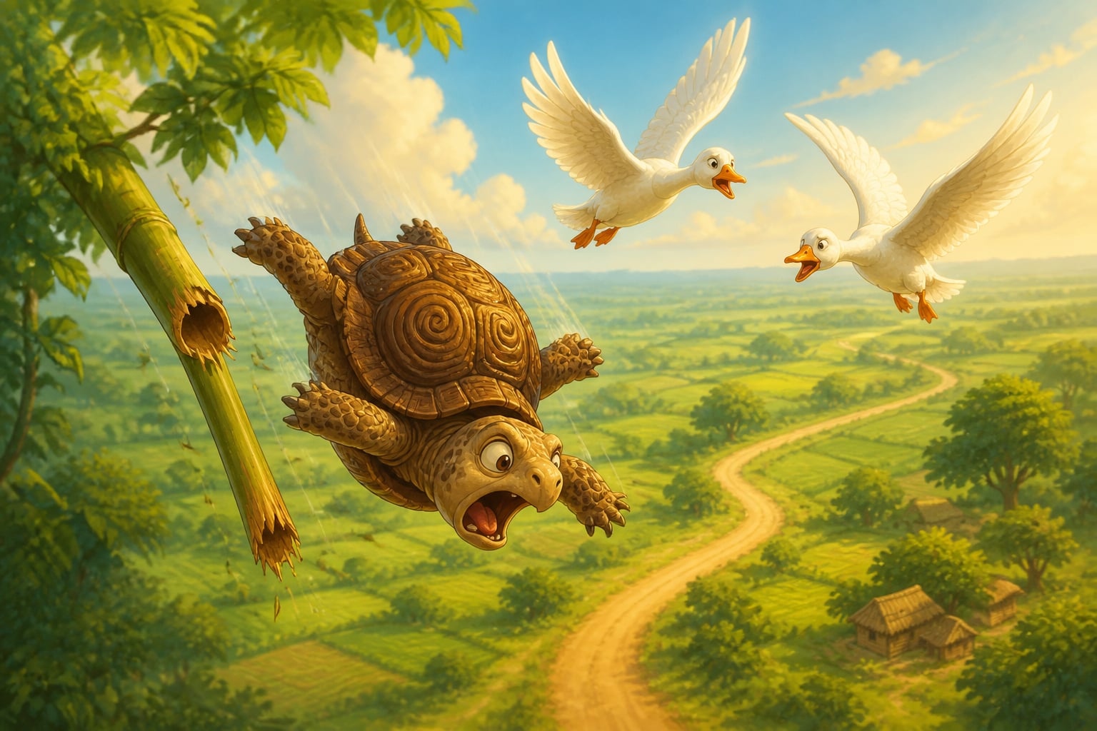 The tortoise falls from the sky as the geese cry out