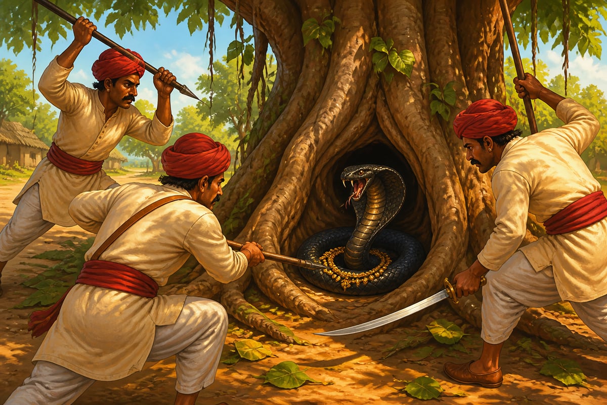 Royal guards strike at the cobra in the tree hollow
