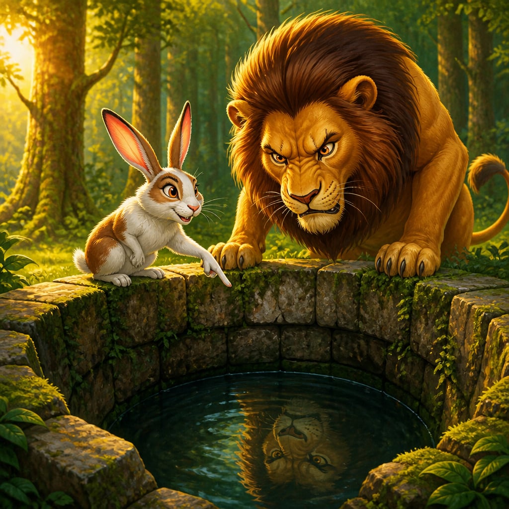 Shashaka the hare gesturing into the stone well as Bhasuraka the lion peers over the rim