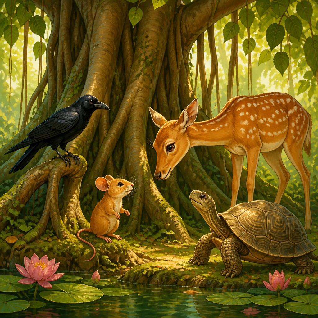 Four friends gathered beneath the banyan tree