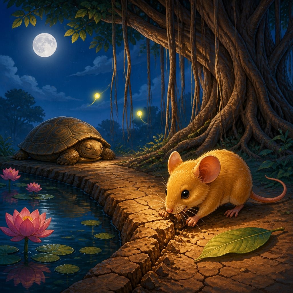 Mouse clearing the muddy path by moonlight