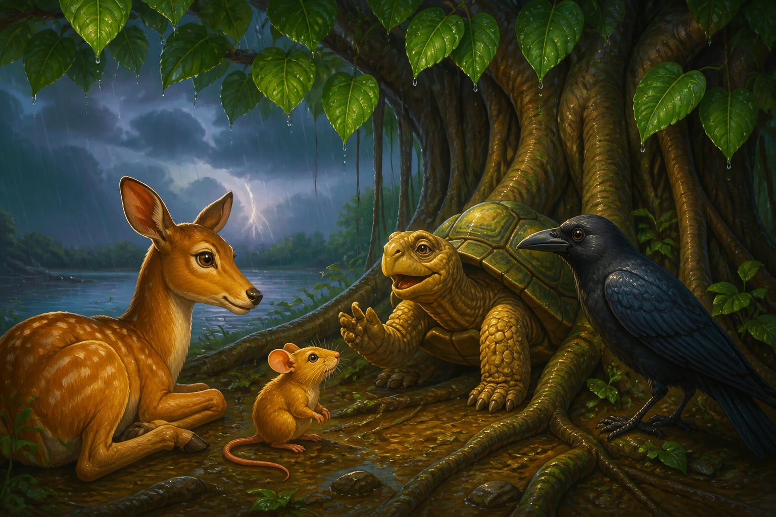 Four friends listening to Manthara during monsoon rain