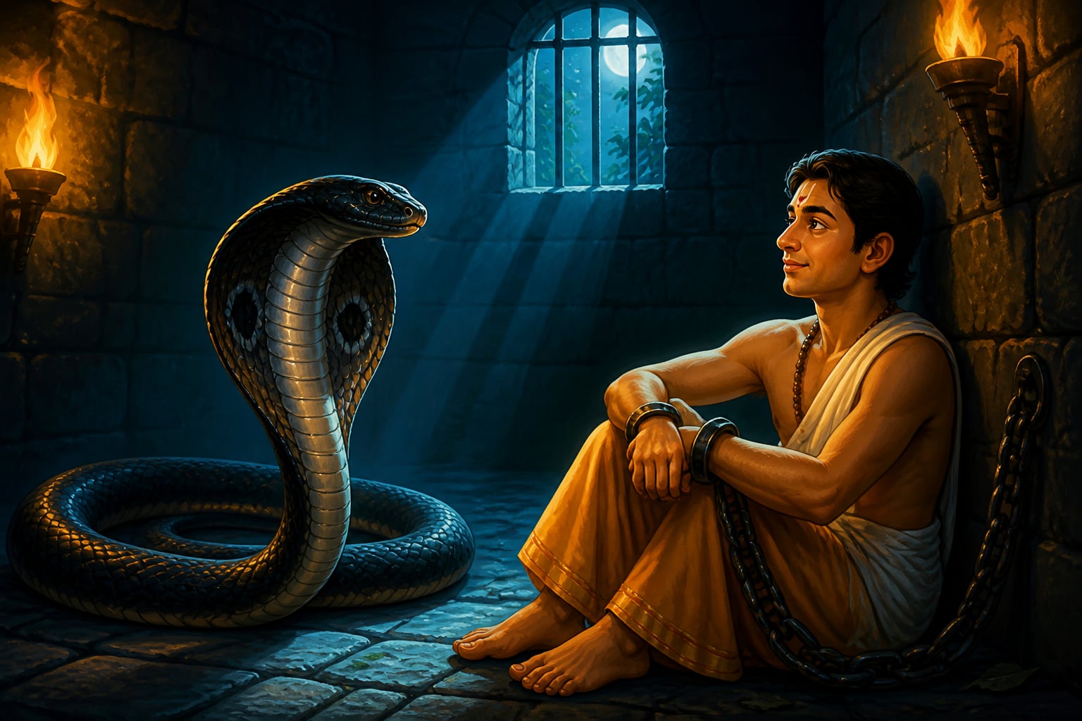 Nagaraja the cobra in Dharmabuddhi's prison cell