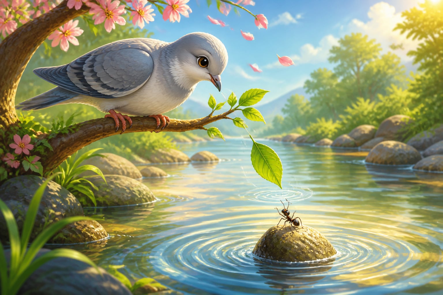Chitragriva the dove dropping a leaf to the drowning ant