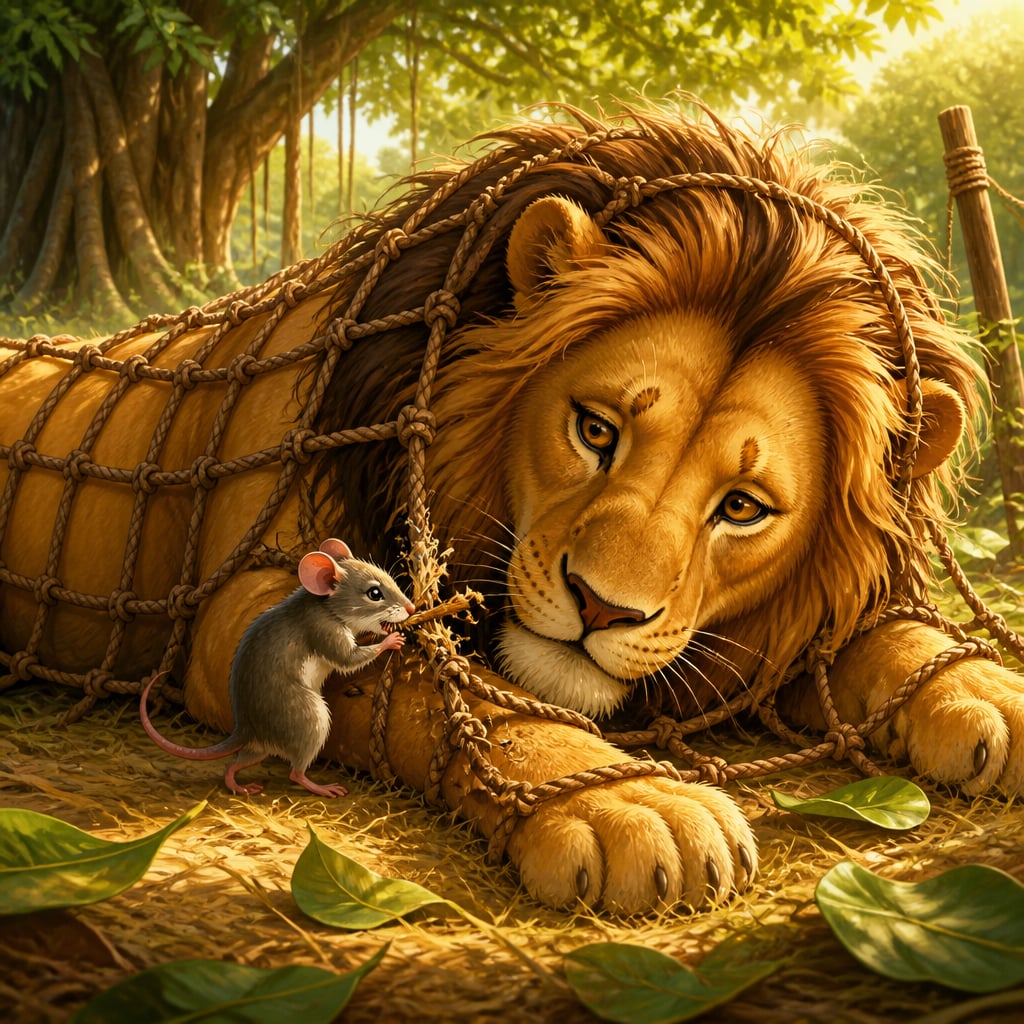 Mouse gnawing through the net to free the lion