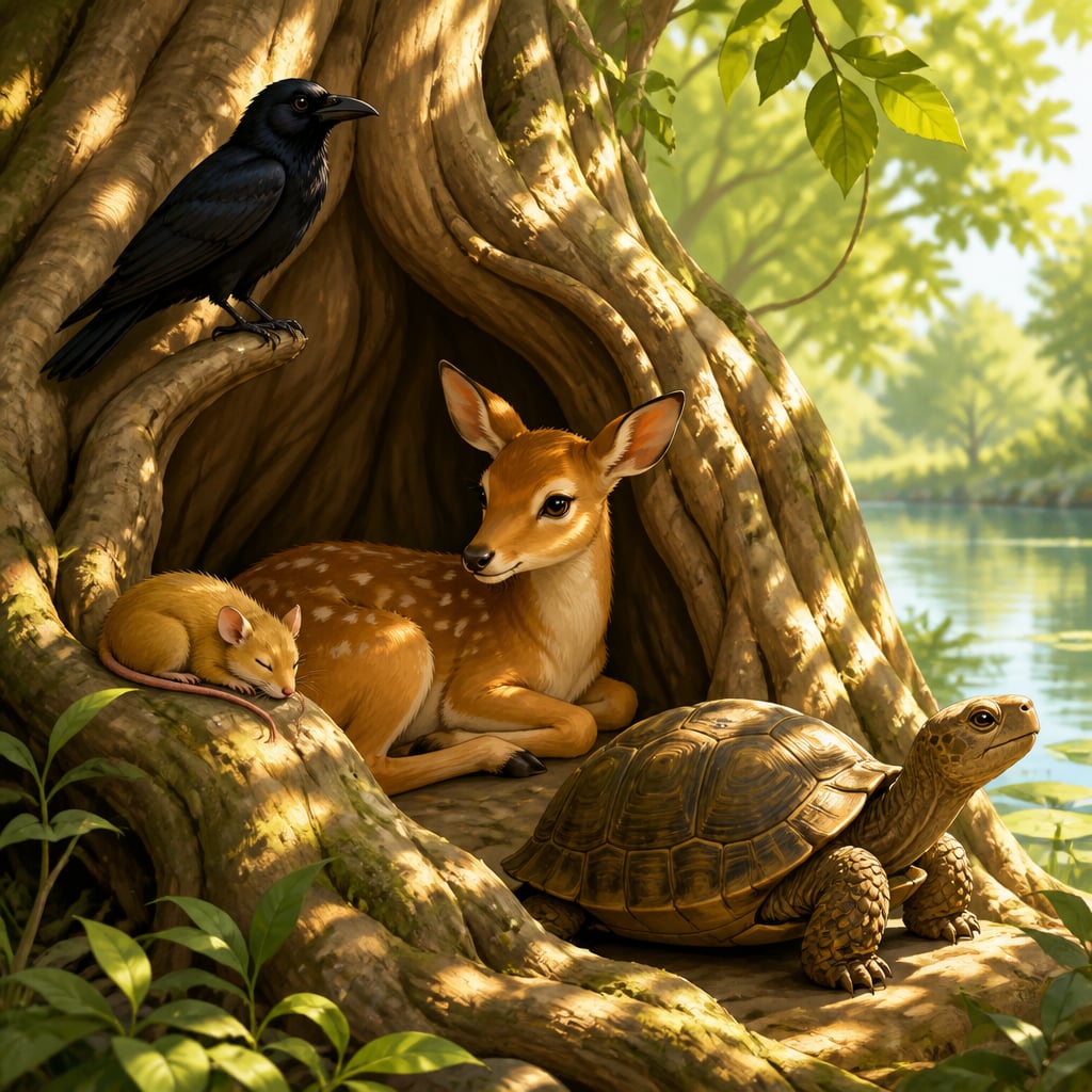 Four friends sheltering in the banyan hollow