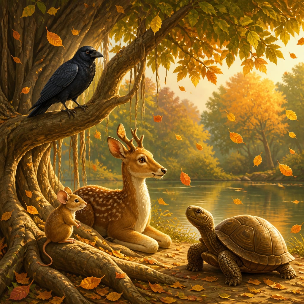 Four friends gathered under the autumn banyan