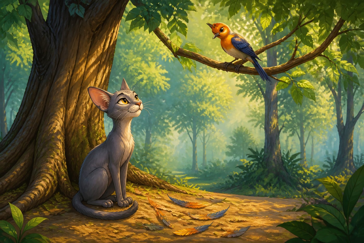 Dirghakarni the cat flattering Kanthamani the song-bird