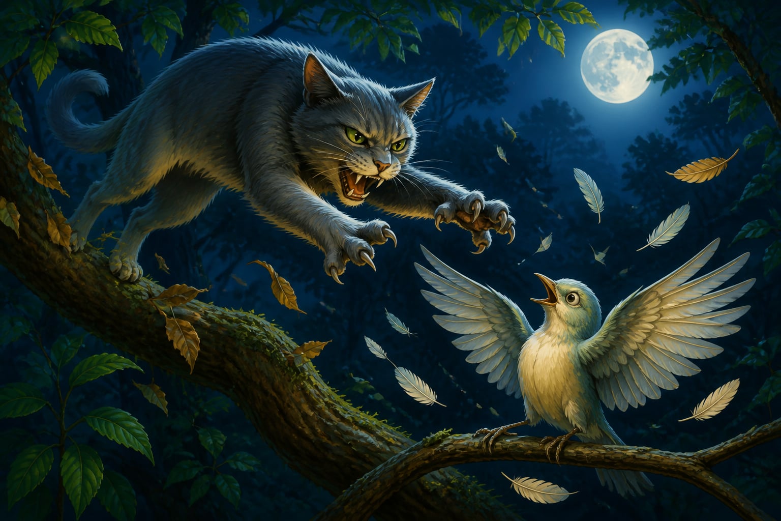 Dirghakarni the cat pouncing on Kanthamani at night