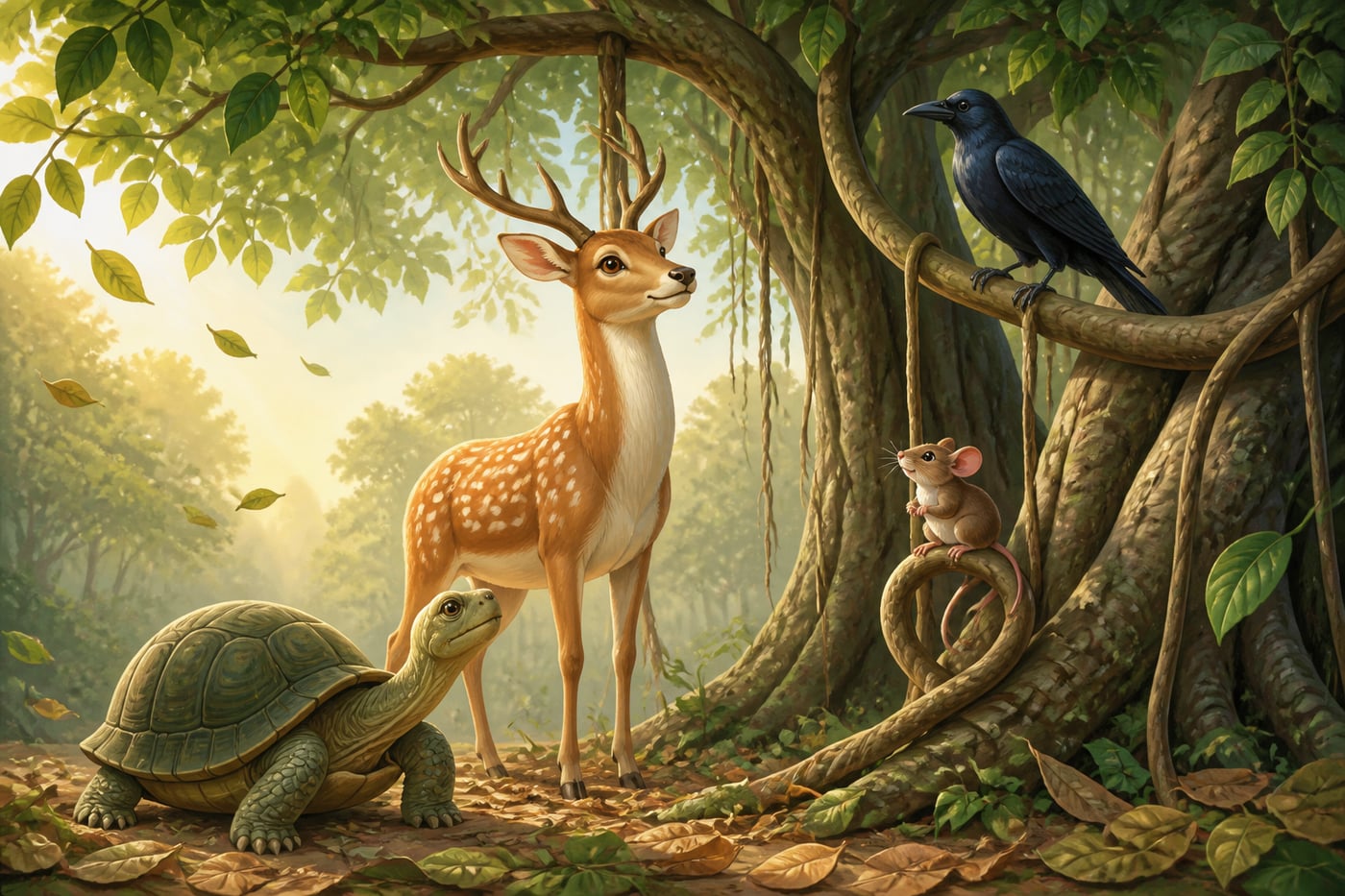 Four friends gathered under a banyan after danger