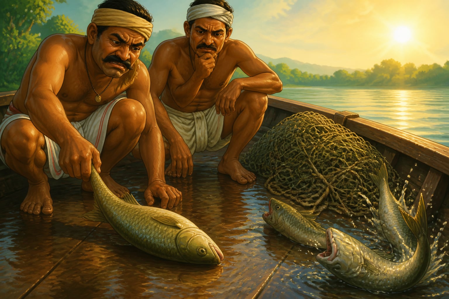 Pratyutpannamati playing dead in a fishing boat