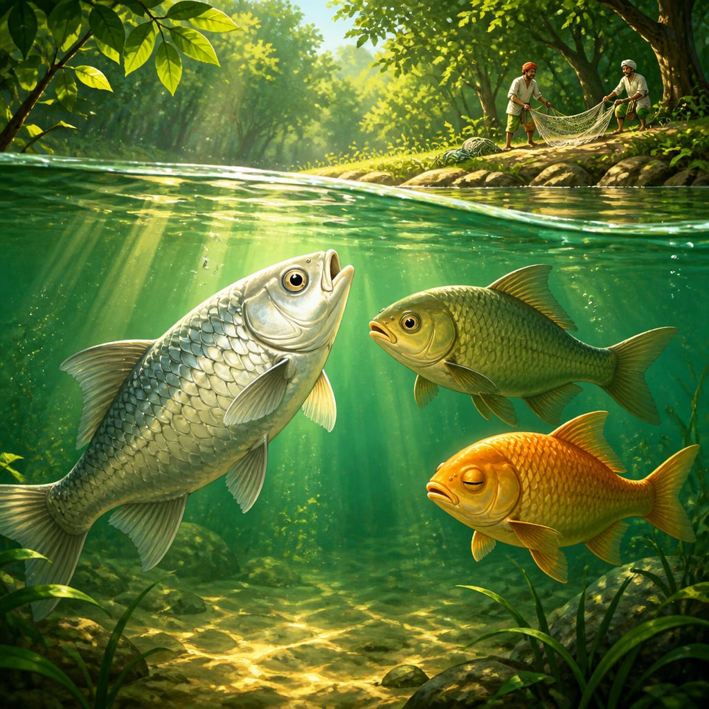 Three fish in a forest lake as fishermen approach