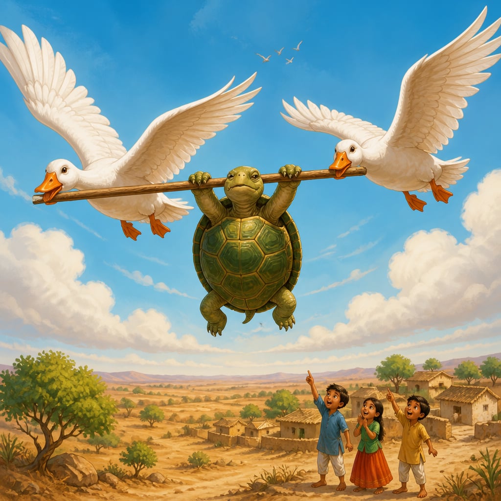 Two geese carrying a tortoise on a stick in flight