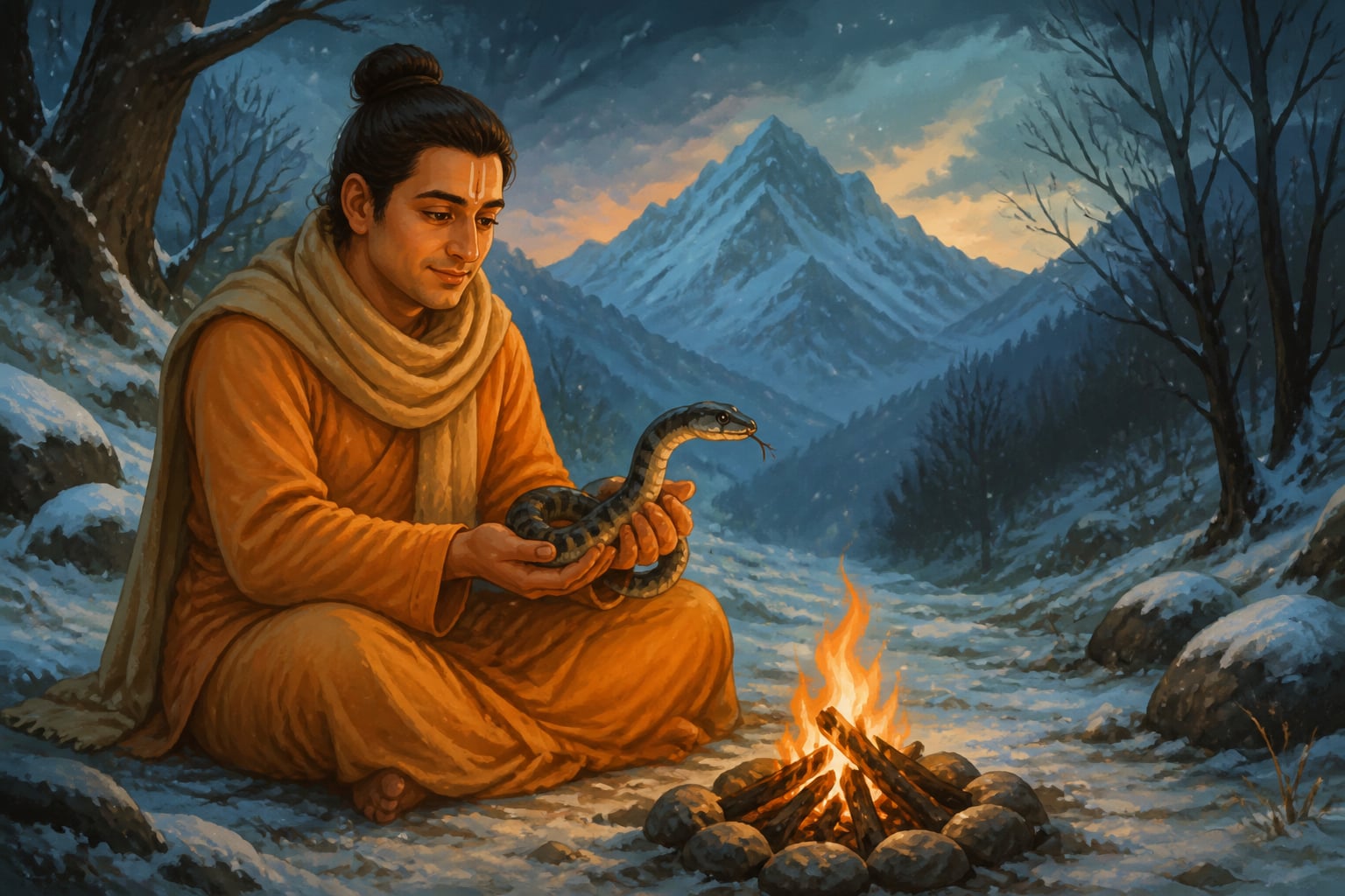 Brahmin warming the snake by a small fire
