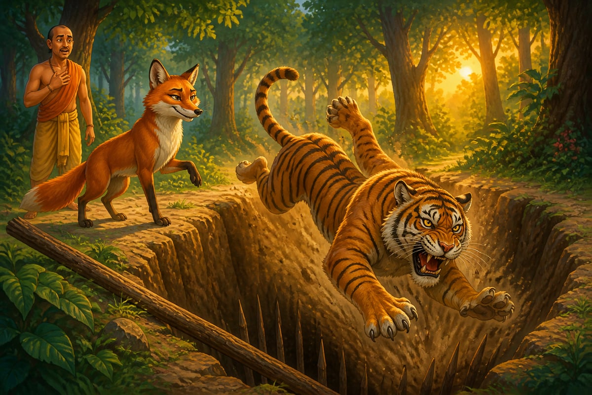 Fox tricks the ungrateful tiger back into the pit