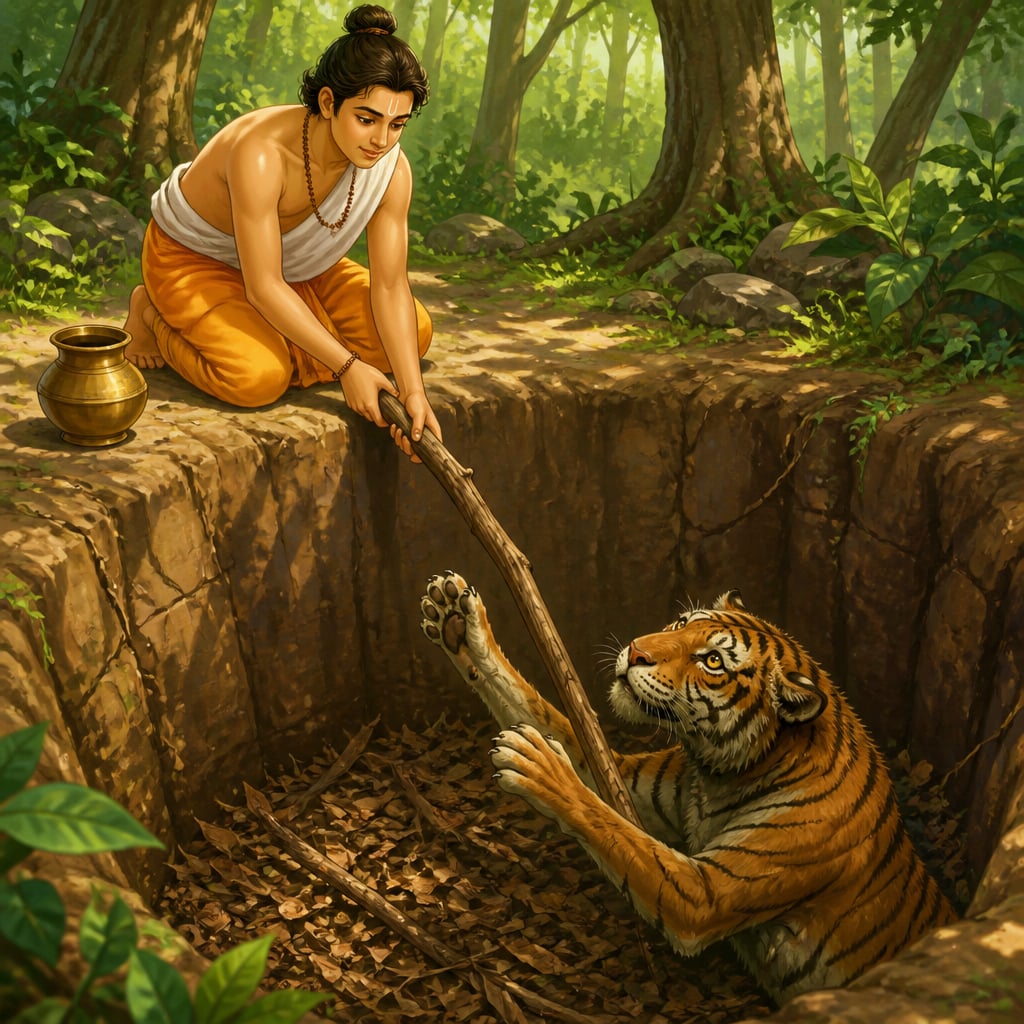 Brahmin lowering a branch to rescue tiger from pit