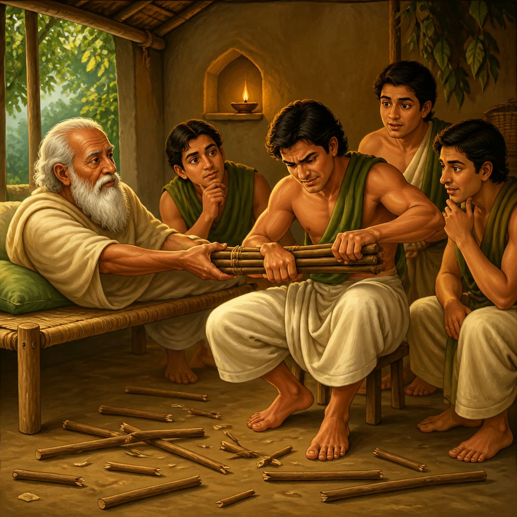 Aged farmer showing sons a bundle of sticks