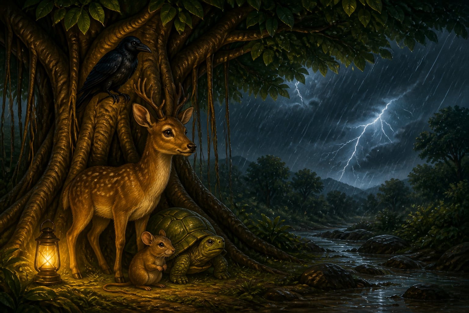 Four friends sheltering together in a forest storm