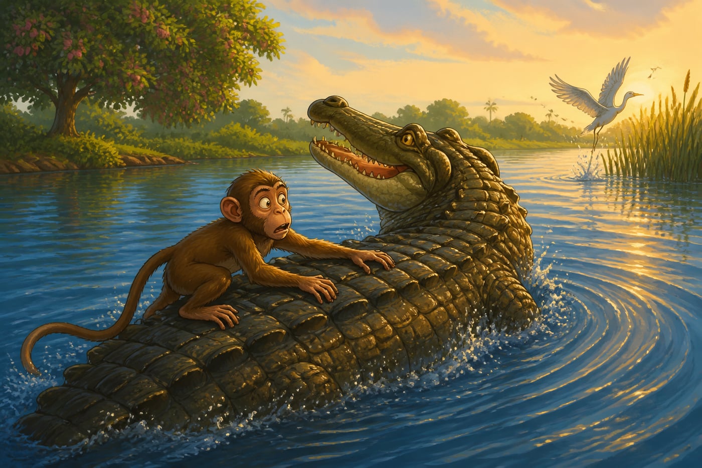 Monkey realizing the crocodile's betrayal mid-river