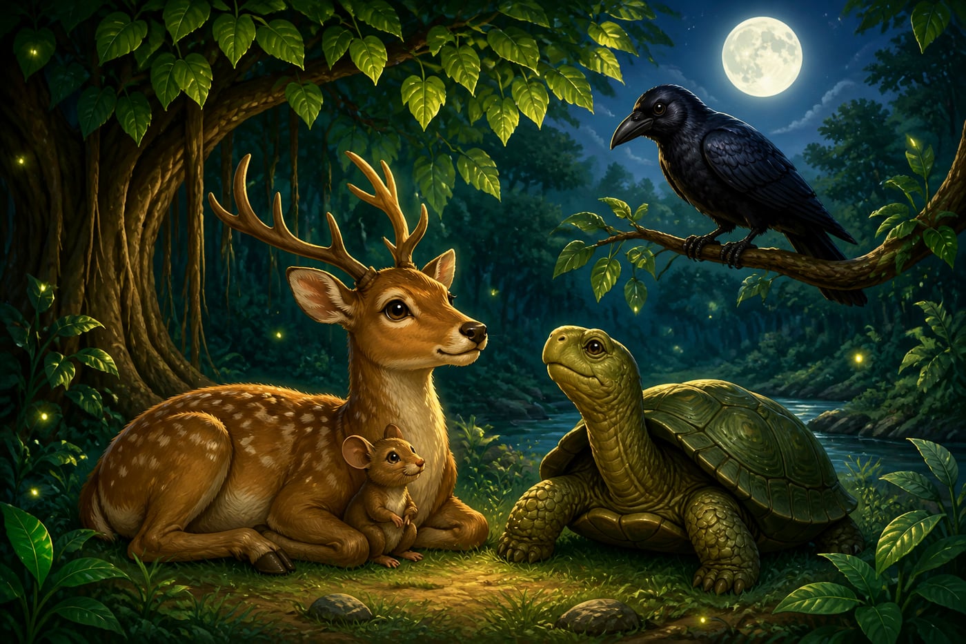 Four friends together in moonlit forest