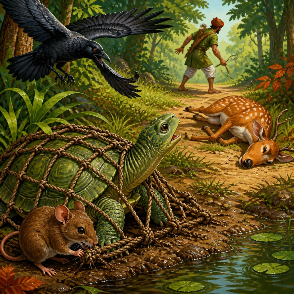 Friends rescuing Manthara from a hunter's net