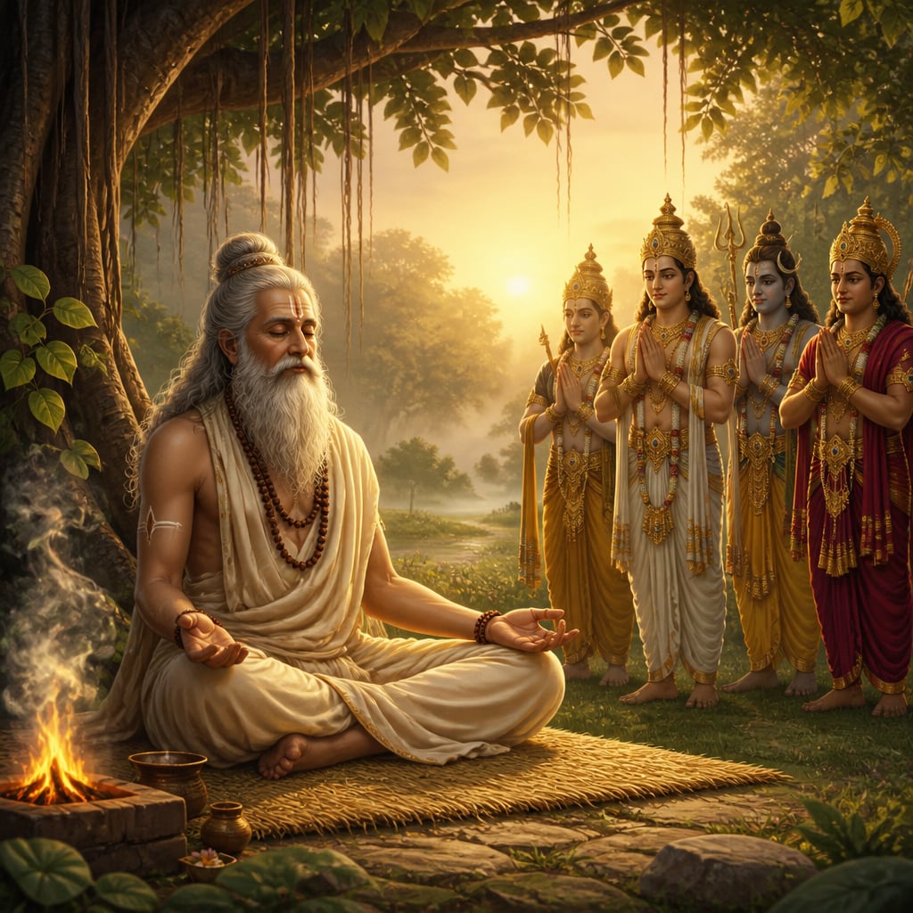 Rishi Dadhichi in deep meditation as the Devas approach him at dawn.