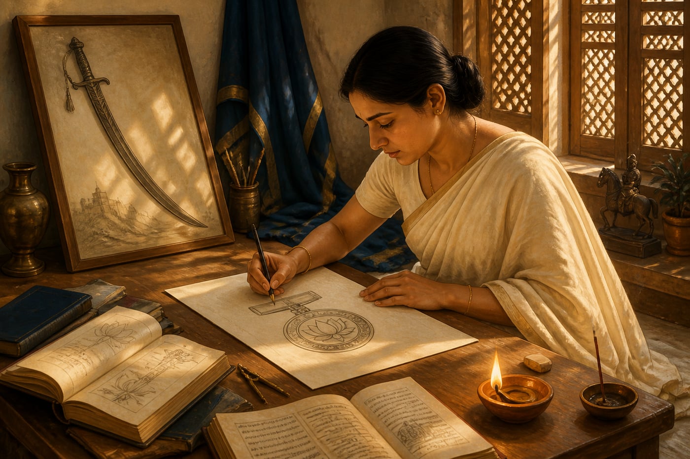 Savitri Khanolkar designing the Param Vir Chakra in her Delhi studio